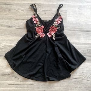 Meta Plunge Neck Spaghetti Strap Embroidery Mini Dress Black